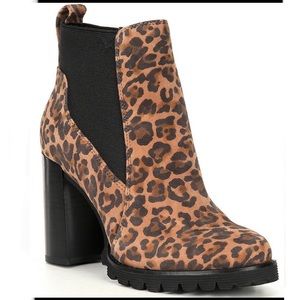 Gibson & Latimer Bradlee Leopard Print Suede Lug Sole Block Heel Chelsea Booties